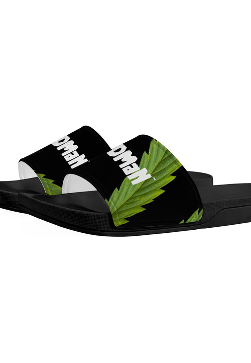 Weedman Simple White Logo & Weed D30 Black Slide Sandals