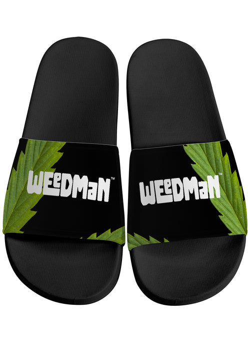 Weedman Simple White Logo & Weed D30 Black Slide Sandals