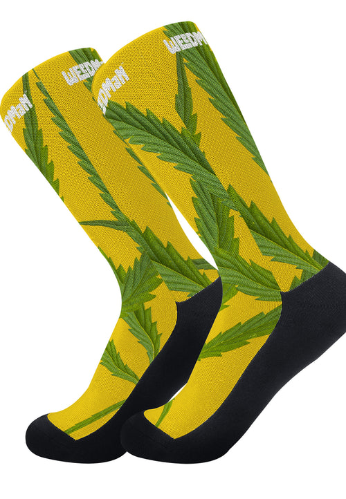 Weedman Simple White Logo & Weed D45 Yellow Crew Socks