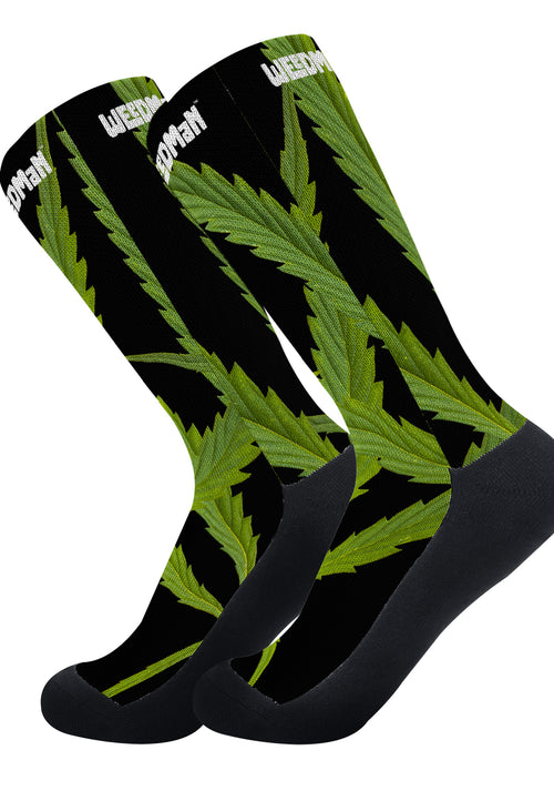 Weedman Simple White Logo & Weed D45 Black Crew Socks