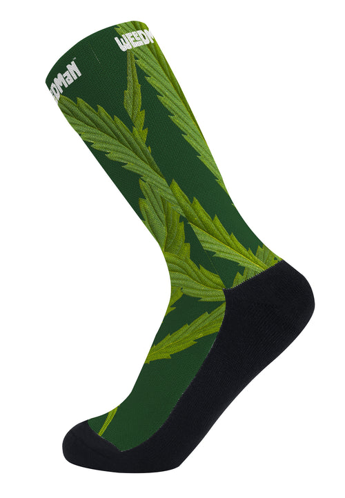 Weedman Simple White Logo & Weed D45 Forest Greenk Crew Socks