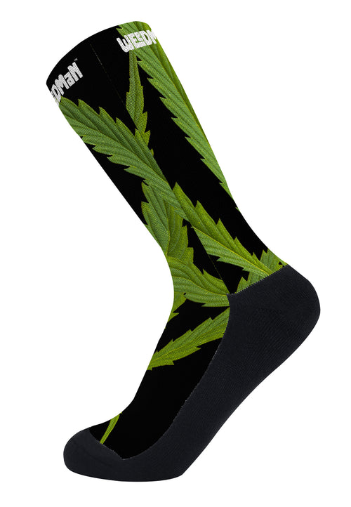 Weedman Simple White Logo & Weed D45 Black Crew Socks