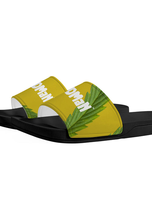 Weedman Simple White Logo & Weed D30 Gold Slide Sandals