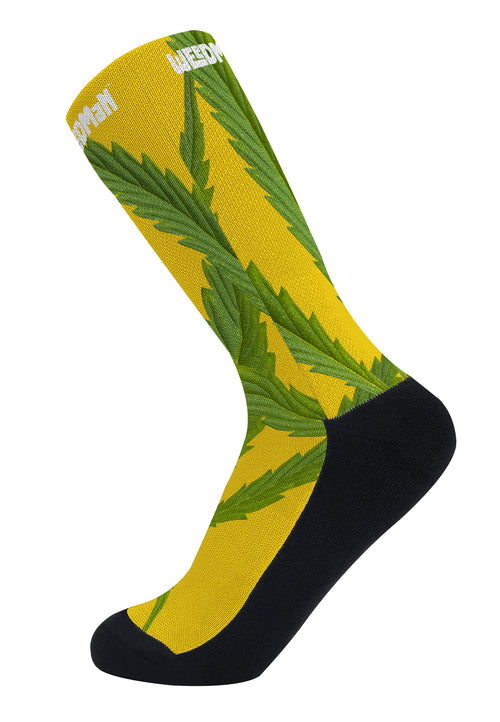 Weedman Simple White Logo & Weed D45 Yellow Crew Socks